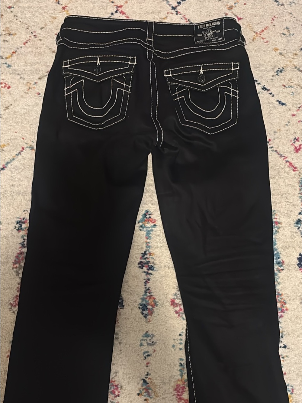True Religion Black Boot Cut Jeans with White Contrast Stitching